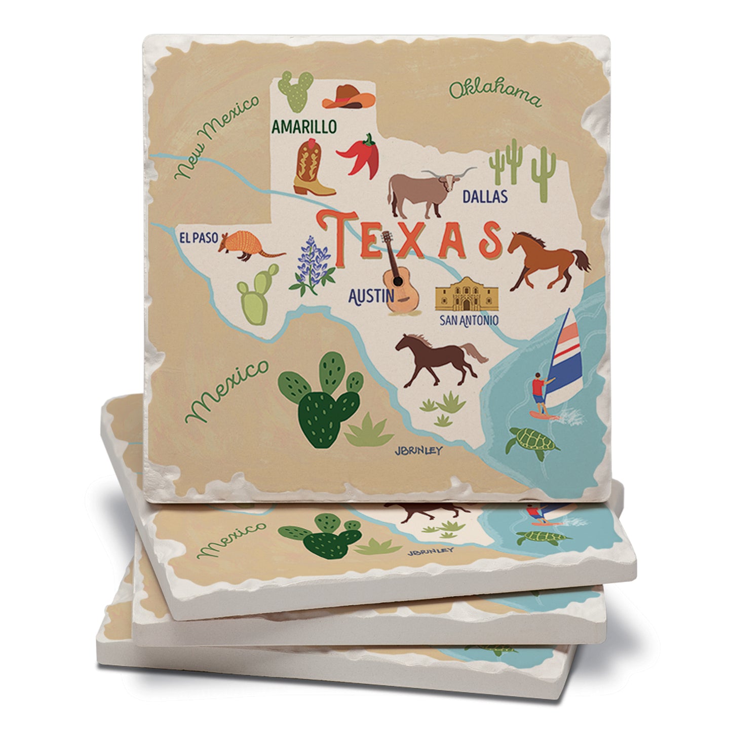 Thirstystone Texas State Attractions 4 Pack Tumbled Tile Stone Coasters 4" Square Manufactured in the USA