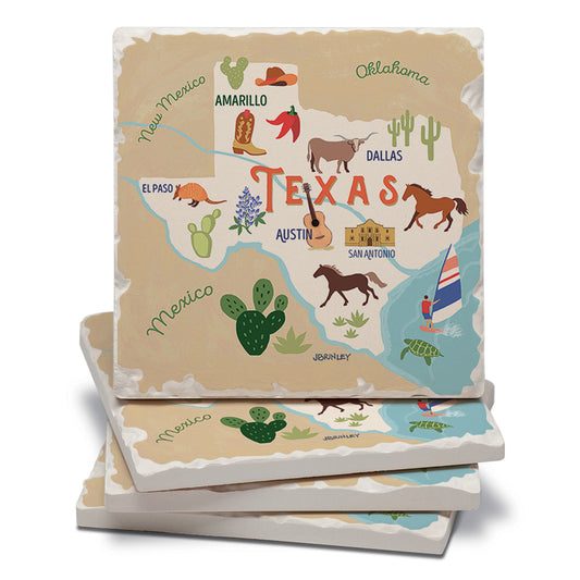 Thirstystone Texas State Attractions 4 Pack Tumbled Tile Stone Coasters 4" Square Manufactured in the USA