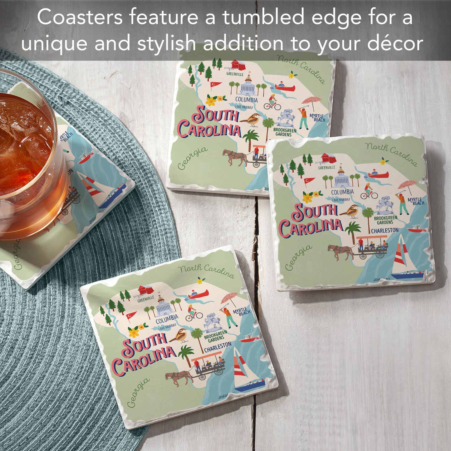 Thirstystone South Carolina Attractions 4 Pack Tumbled Tile Stone Coasters 4" Square Manufactured in the USA