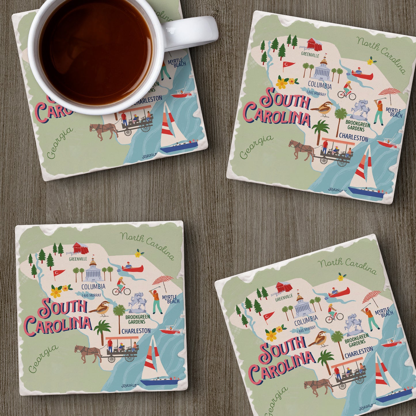 Thirstystone South Carolina Attractions 4 Pack Tumbled Tile Stone Coasters 4" Square Manufactured in the USA