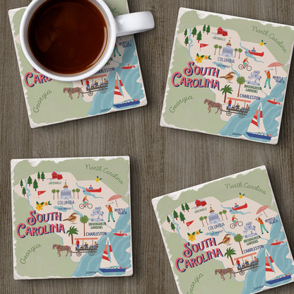 Thirstystone South Carolina Attractions 4 Pack Tumbled Tile Stone Coasters 4" Square Manufactured in the USA