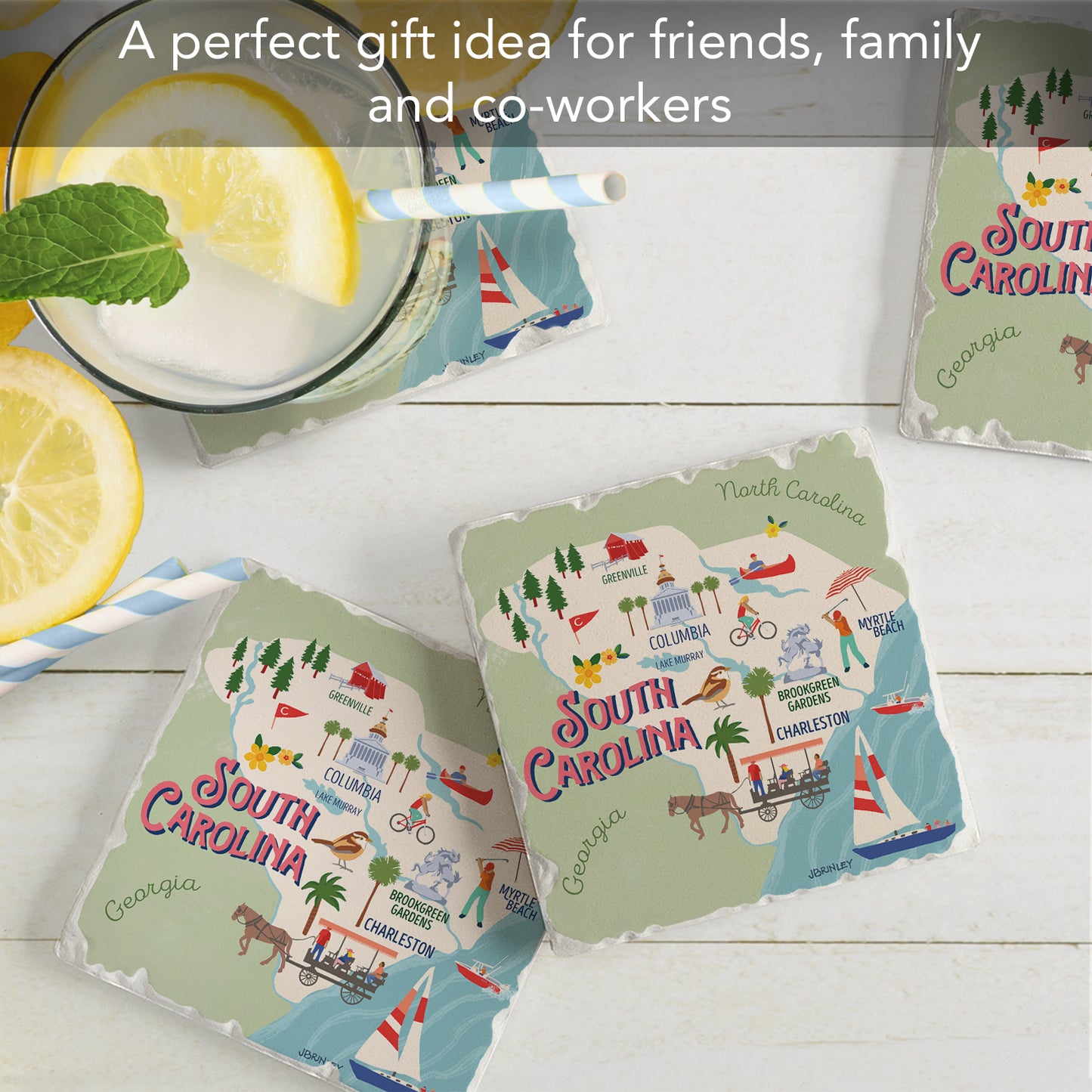 Thirstystone South Carolina Attractions 4 Pack Tumbled Tile Stone Coasters 4" Square Manufactured in the USA