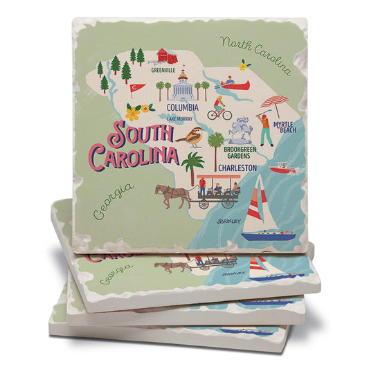 Thirstystone South Carolina Attractions 4 Pack Tumbled Tile Stone Coasters 4" Square Manufactured in the USA