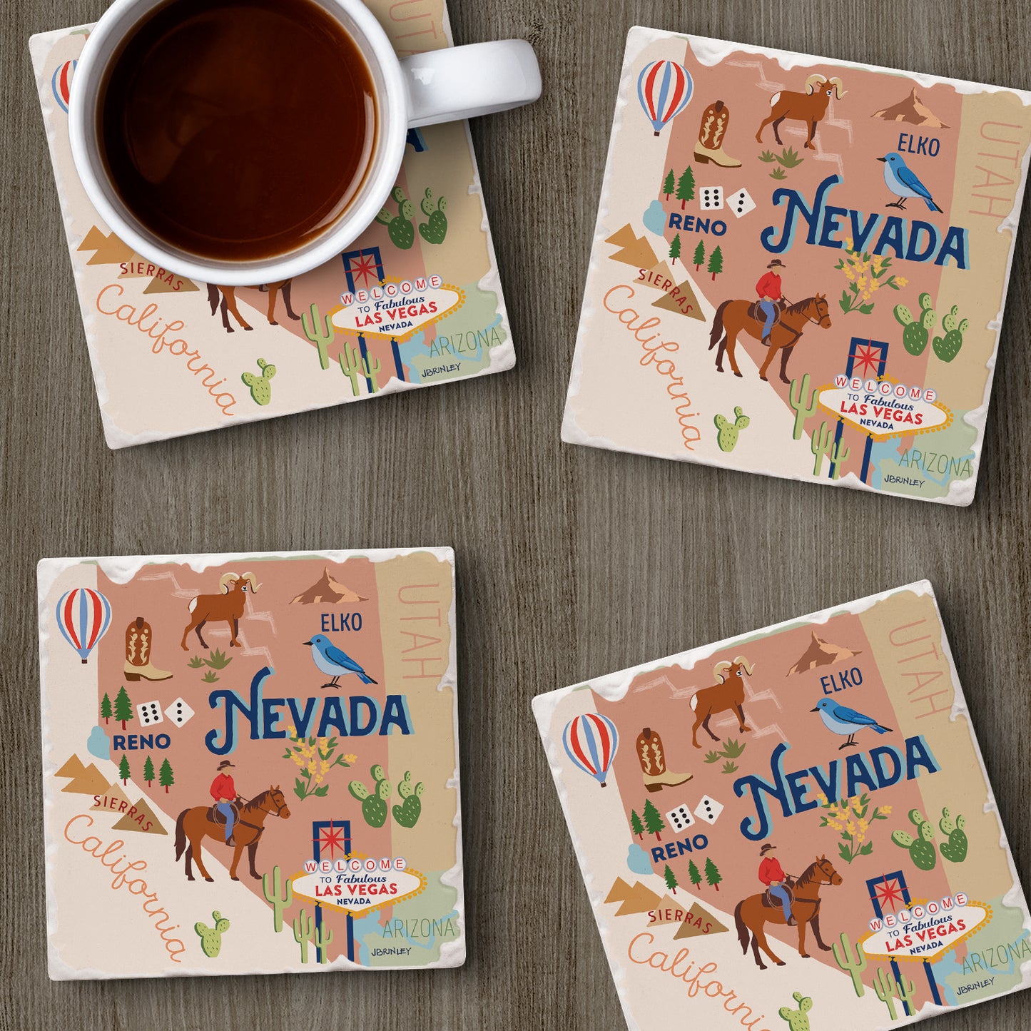 Thirstystone Nevada Attractions 4 Pack Tumbled Tile Stone Coasters 4" Square Manufactured in the USA