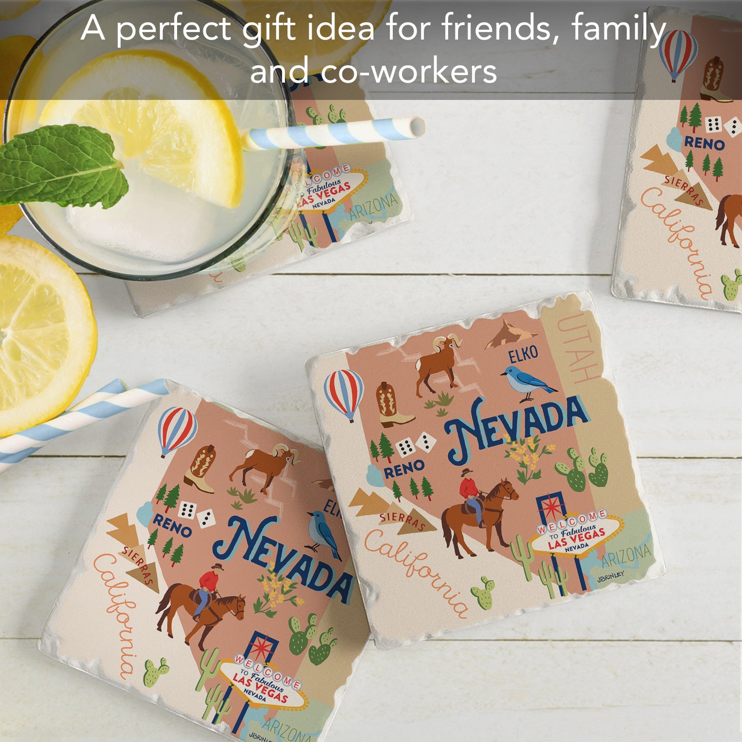 Thirstystone Nevada Attractions 4 Pack Tumbled Tile Stone Coasters 4" Square Manufactured in the USA