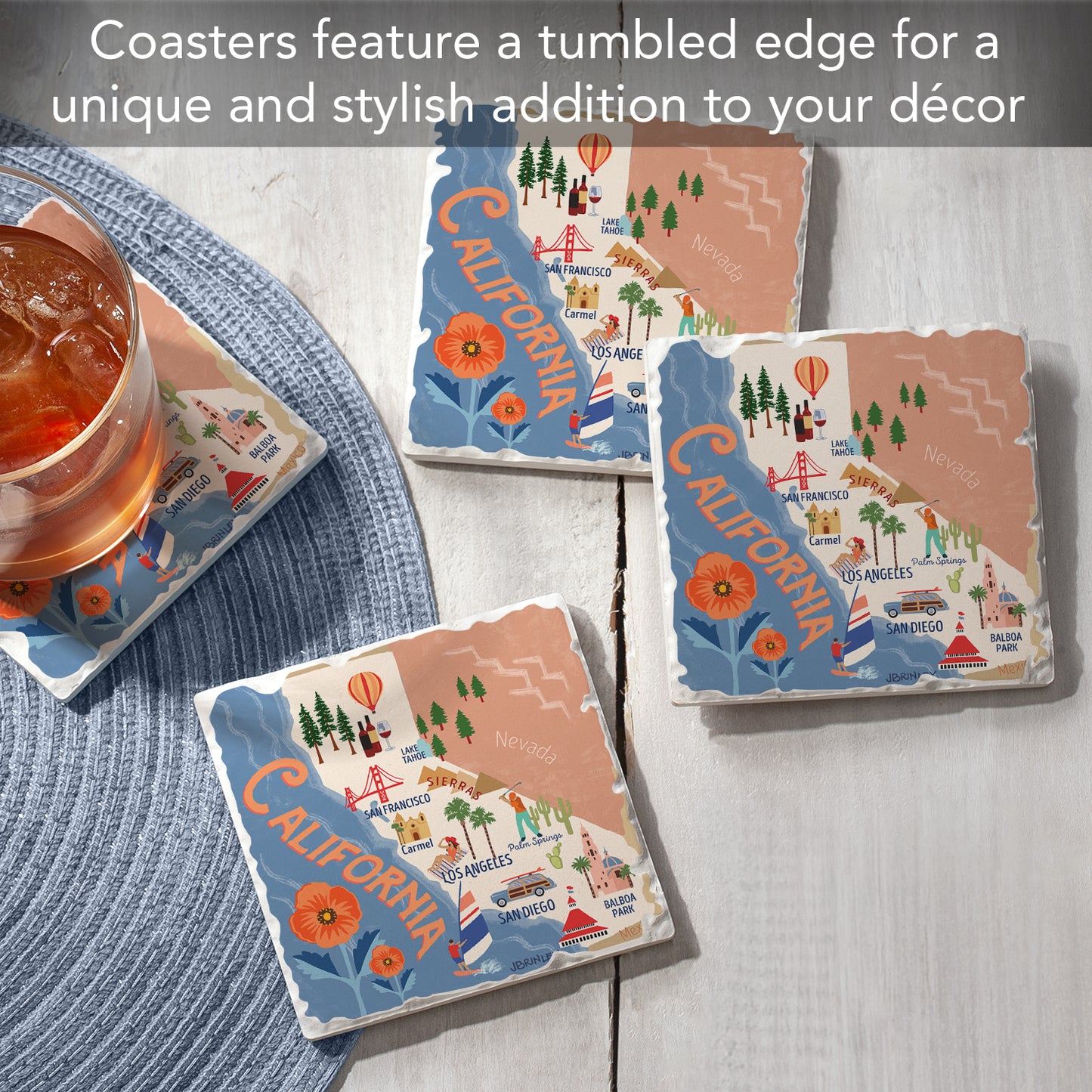 Thirstystone California State Attractions 4 Pack Tumbled Tile Stone Coasters 4” Square Manufactured in the USA