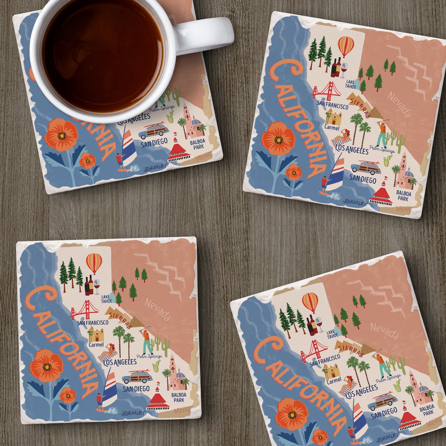 Thirstystone California State Attractions 4 Pack Tumbled Tile Stone Coasters 4” Square Manufactured in the USA