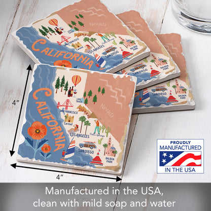 Thirstystone California State Attractions 4 Pack Tumbled Tile Stone Coasters 4” Square Manufactured in the USA