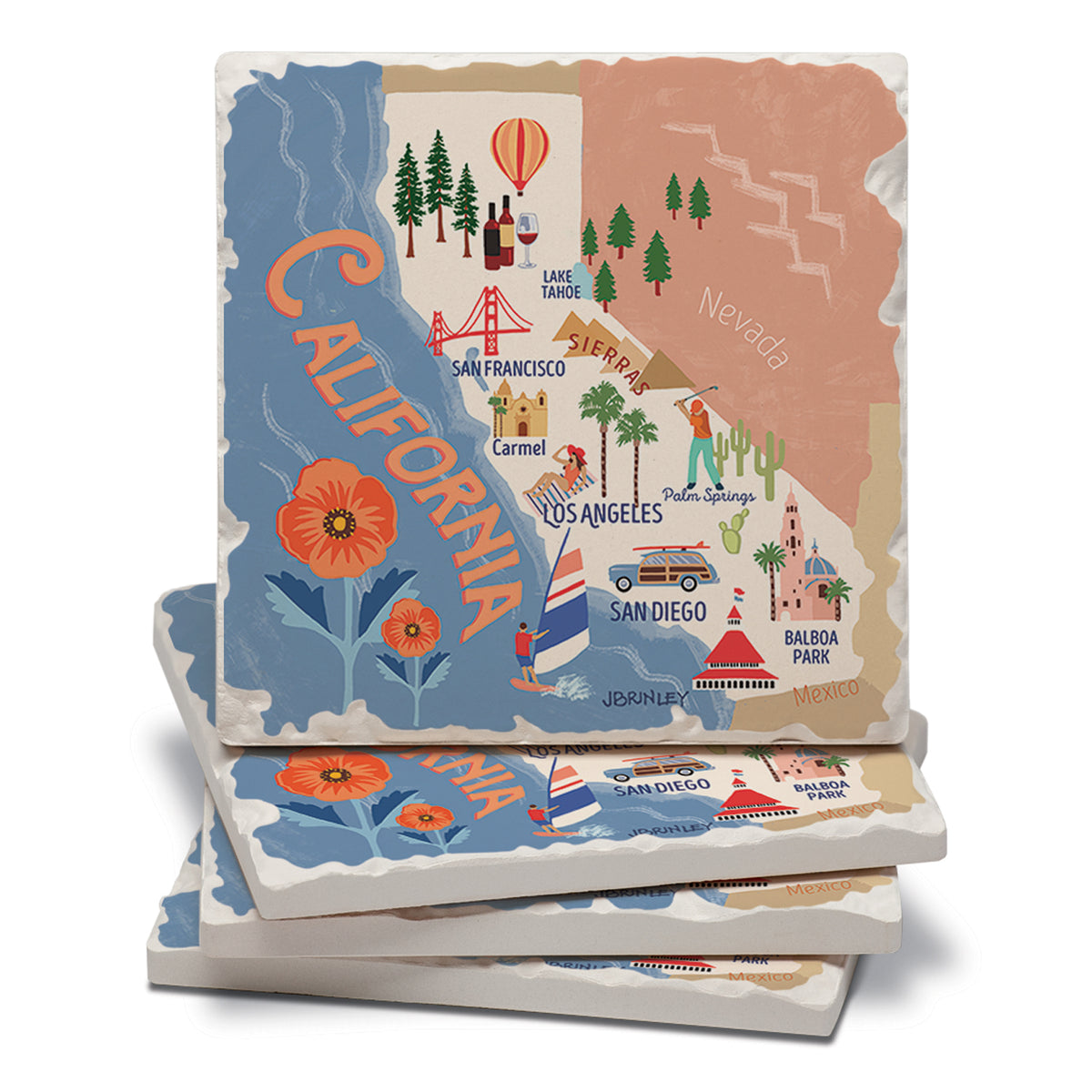 Thirstystone California State Attractions 4 Pack Tumbled Tile Stone Coasters 4” Square Manufactured in the USA