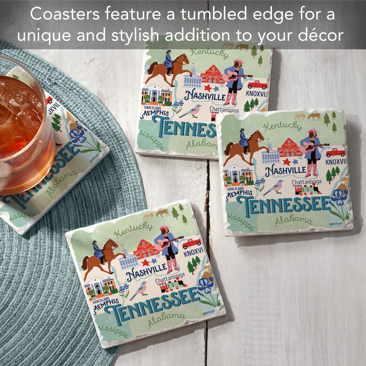 Thirstystone Tennessee State Attractions 4 Pack Tumbled Tile Stone Coasters 4” Square Manufactured in the USA