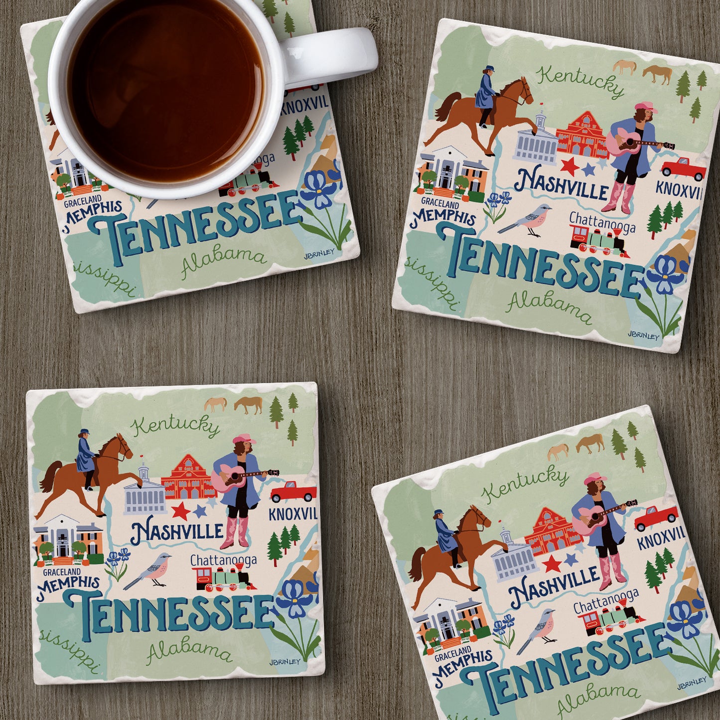 Thirstystone Tennessee State Attractions 4 Pack Tumbled Tile Stone Coasters 4” Square Manufactured in the USA