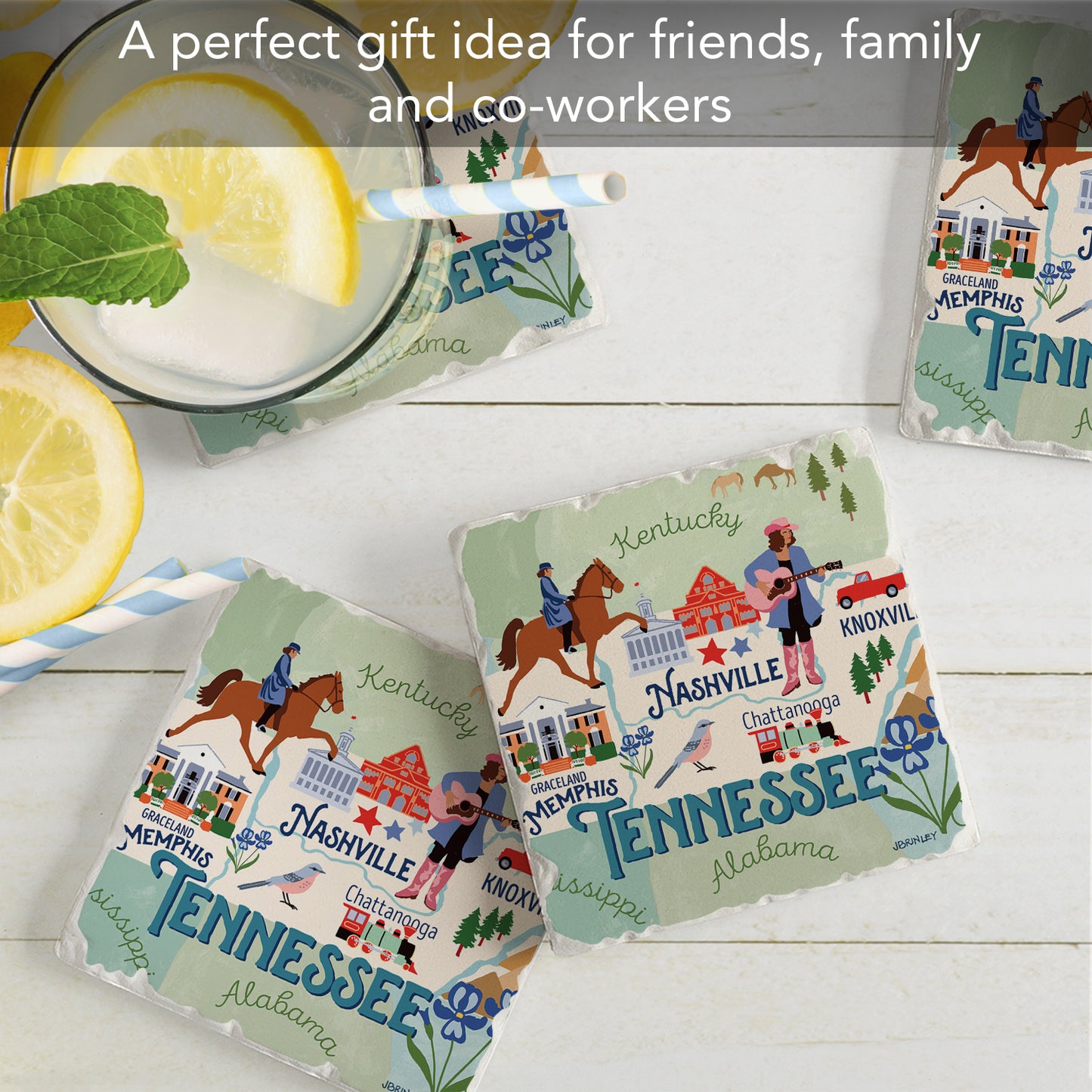 Thirstystone Tennessee State Attractions 4 Pack Tumbled Tile Stone Coasters 4” Square Manufactured in the USA