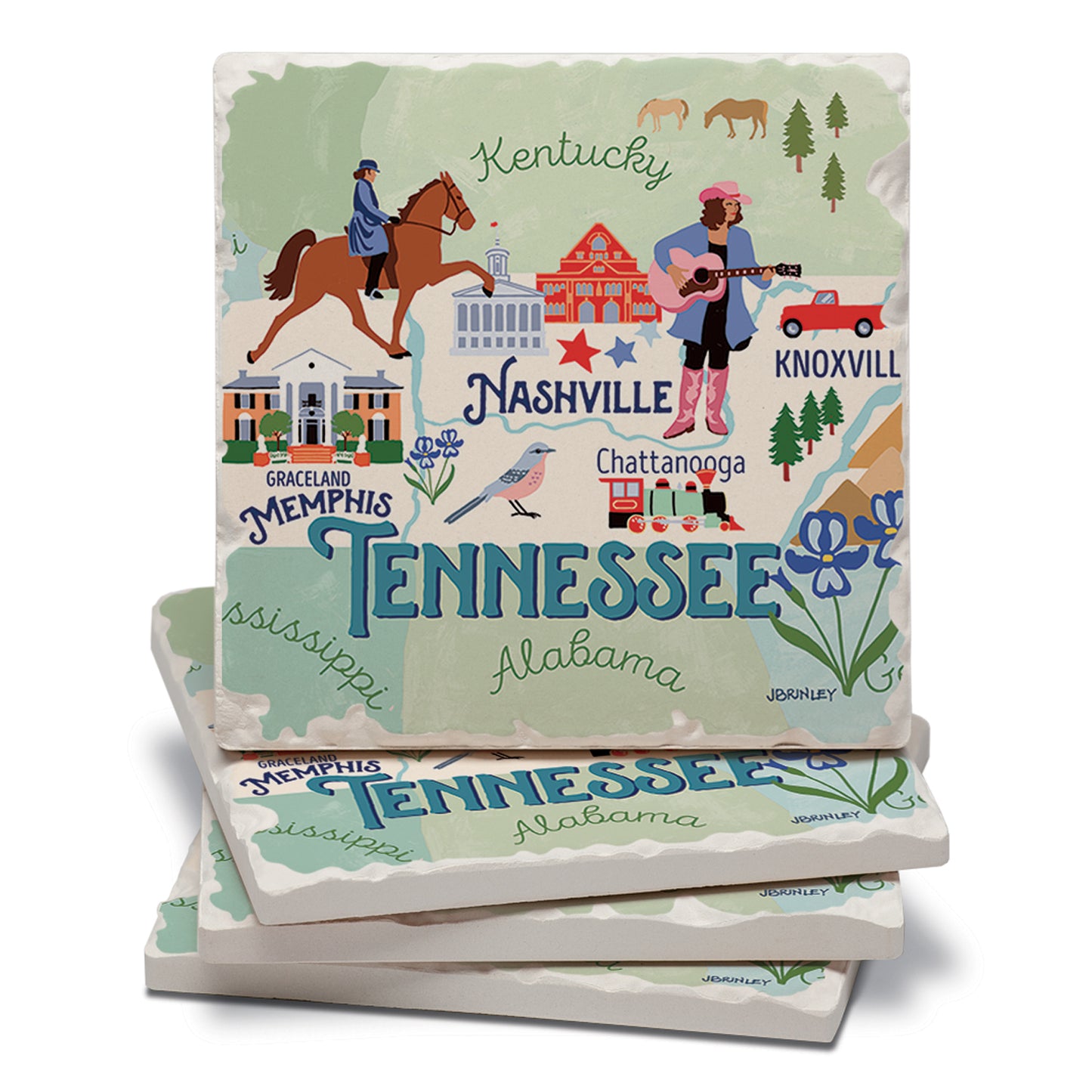 Thirstystone Tennessee State Attractions 4 Pack Tumbled Tile Stone Coasters 4” Square Manufactured in the USA