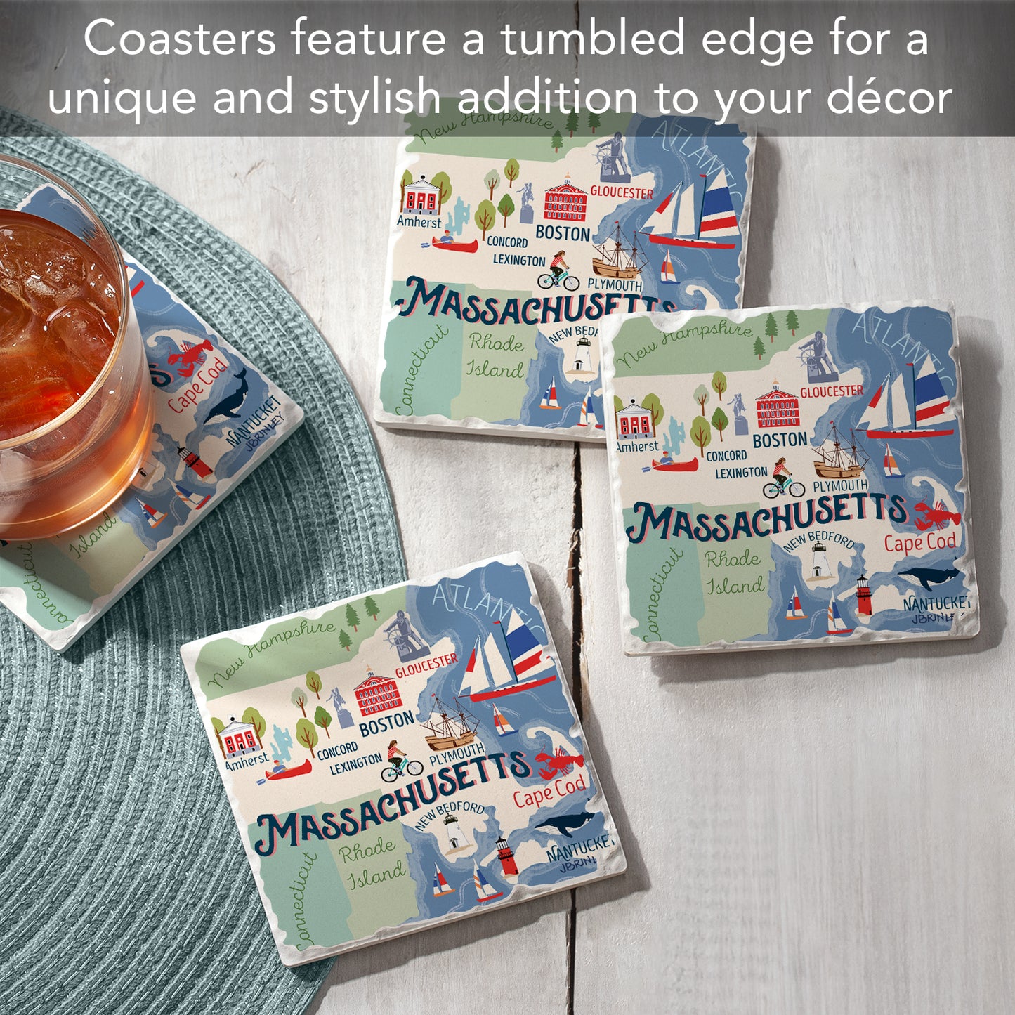 Thirstystone Massachusetts Attractions 4 Pack Tumbled Tile Stone Coasters 4" Square Manufactured in the USA