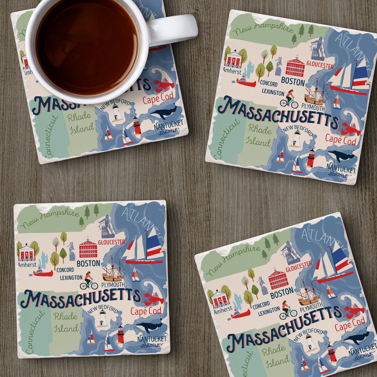Thirstystone Massachusetts Attractions 4 Pack Tumbled Tile Stone Coasters 4" Square Manufactured in the USA