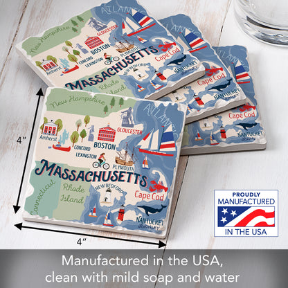 Thirstystone Massachusetts Attractions 4 Pack Tumbled Tile Stone Coasters 4" Square Manufactured in the USA