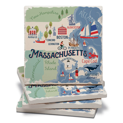 Thirstystone Massachusetts Attractions 4 Pack Tumbled Tile Stone Coasters 4" Square Manufactured in the USA