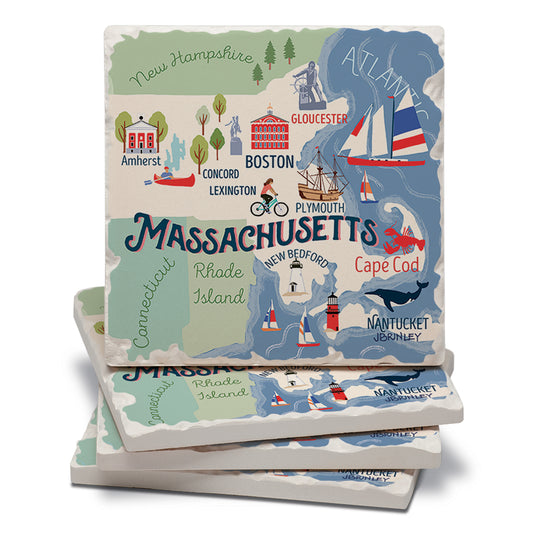 Thirstystone Massachusetts Attractions 4 Pack Tumbled Tile Stone Coasters 4" Square Manufactured in the USA