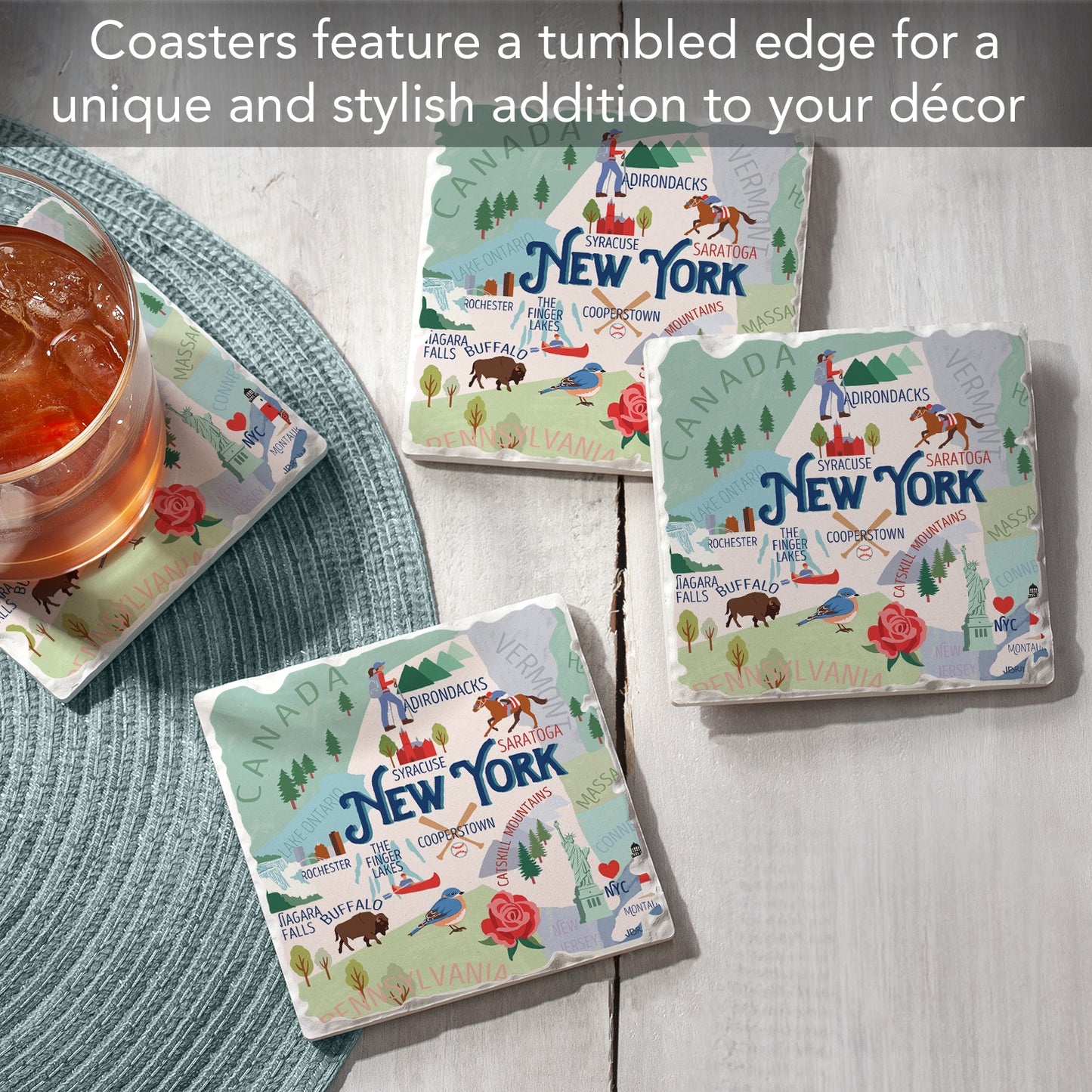 Thirstystone New York Attractions 4 Pack Tumbled Tile Stone Coasters 4” Square Manufactured in the USA