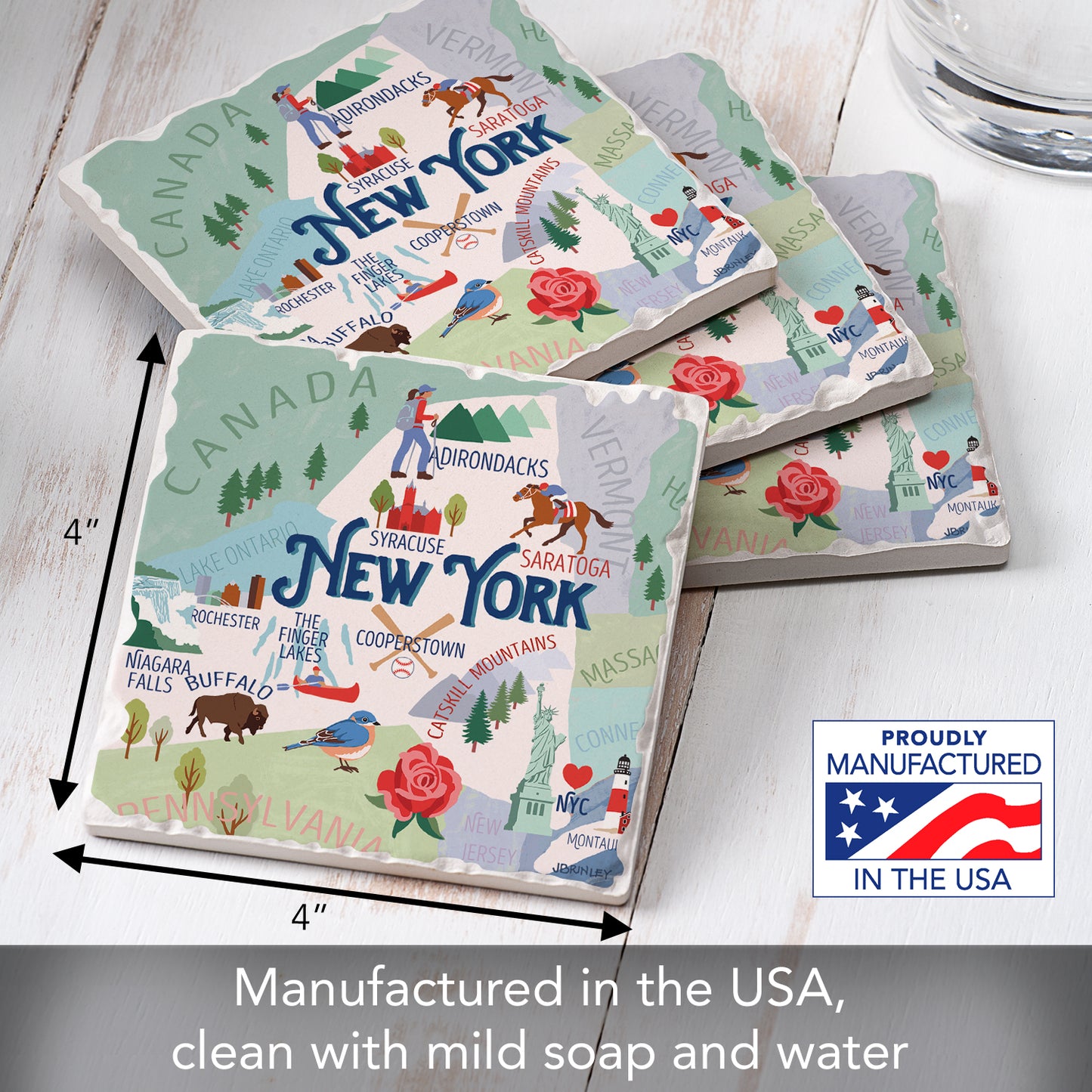 Thirstystone New York Attractions 4 Pack Tumbled Tile Stone Coasters 4” Square Manufactured in the USA