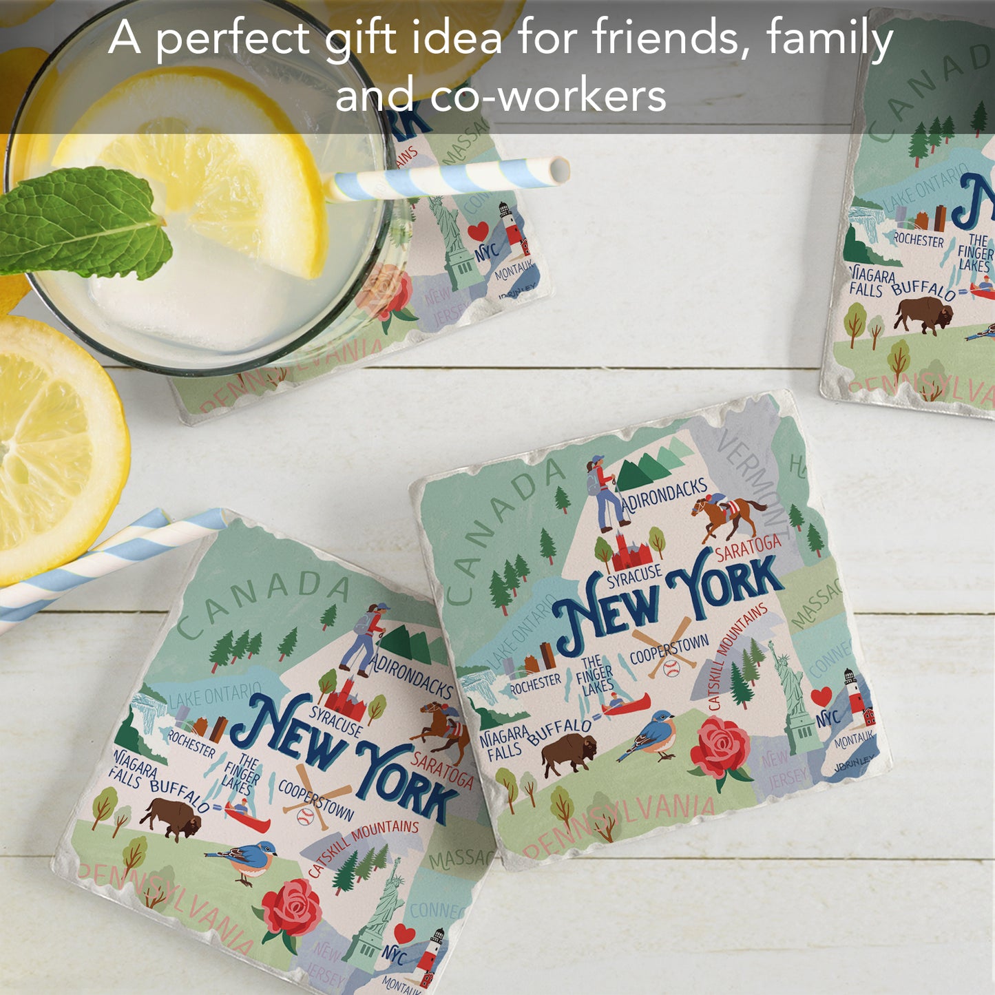 Thirstystone New York Attractions 4 Pack Tumbled Tile Stone Coasters 4” Square Manufactured in the USA