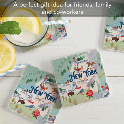 Thirstystone New York Attractions 4 Pack Tumbled Tile Stone Coasters 4” Square Manufactured in the USA