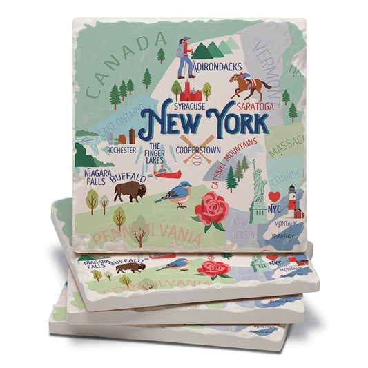 Thirstystone New York Attractions 4 Pack Tumbled Tile Stone Coasters 4” Square Manufactured in the USA