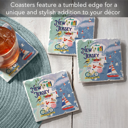 Thirstystone New Jersey Attractions 4 Pack Tumbled Tile Stone Coasters 4” Square Manufactured in the USA