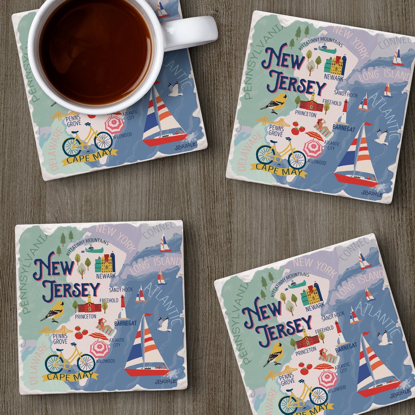 Thirstystone New Jersey Attractions 4 Pack Tumbled Tile Stone Coasters 4” Square Manufactured in the USA