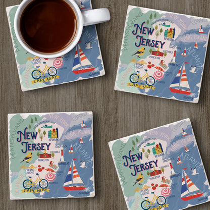 Thirstystone New Jersey Attractions 4 Pack Tumbled Tile Stone Coasters 4” Square Manufactured in the USA