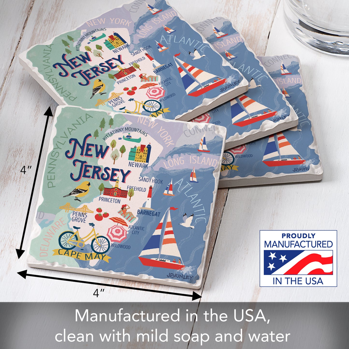 Thirstystone New Jersey Attractions 4 Pack Tumbled Tile Stone Coasters 4” Square Manufactured in the USA
