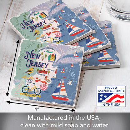 Thirstystone New Jersey Attractions 4 Pack Tumbled Tile Stone Coasters 4” Square Manufactured in the USA