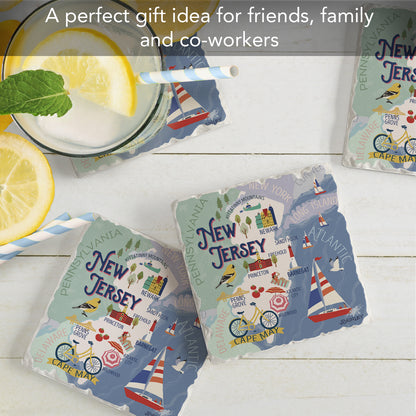 Thirstystone New Jersey Attractions 4 Pack Tumbled Tile Stone Coasters 4” Square Manufactured in the USA