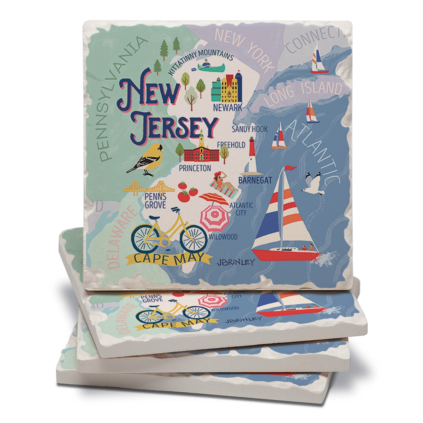 Thirstystone New Jersey Attractions 4 Pack Tumbled Tile Stone Coasters 4” Square Manufactured in the USA