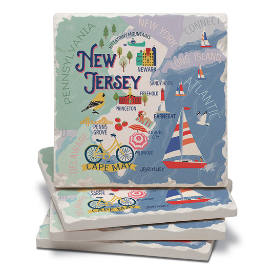 Thirstystone New Jersey Attractions 4 Pack Tumbled Tile Stone Coasters 4” Square Manufactured in the USA