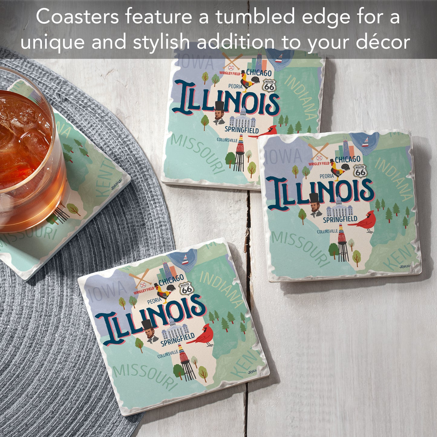 Thirstystone Illinois Attractions 4 Pack Tumbled Tile Stone Coasters 4” Square Manufactured in the USA