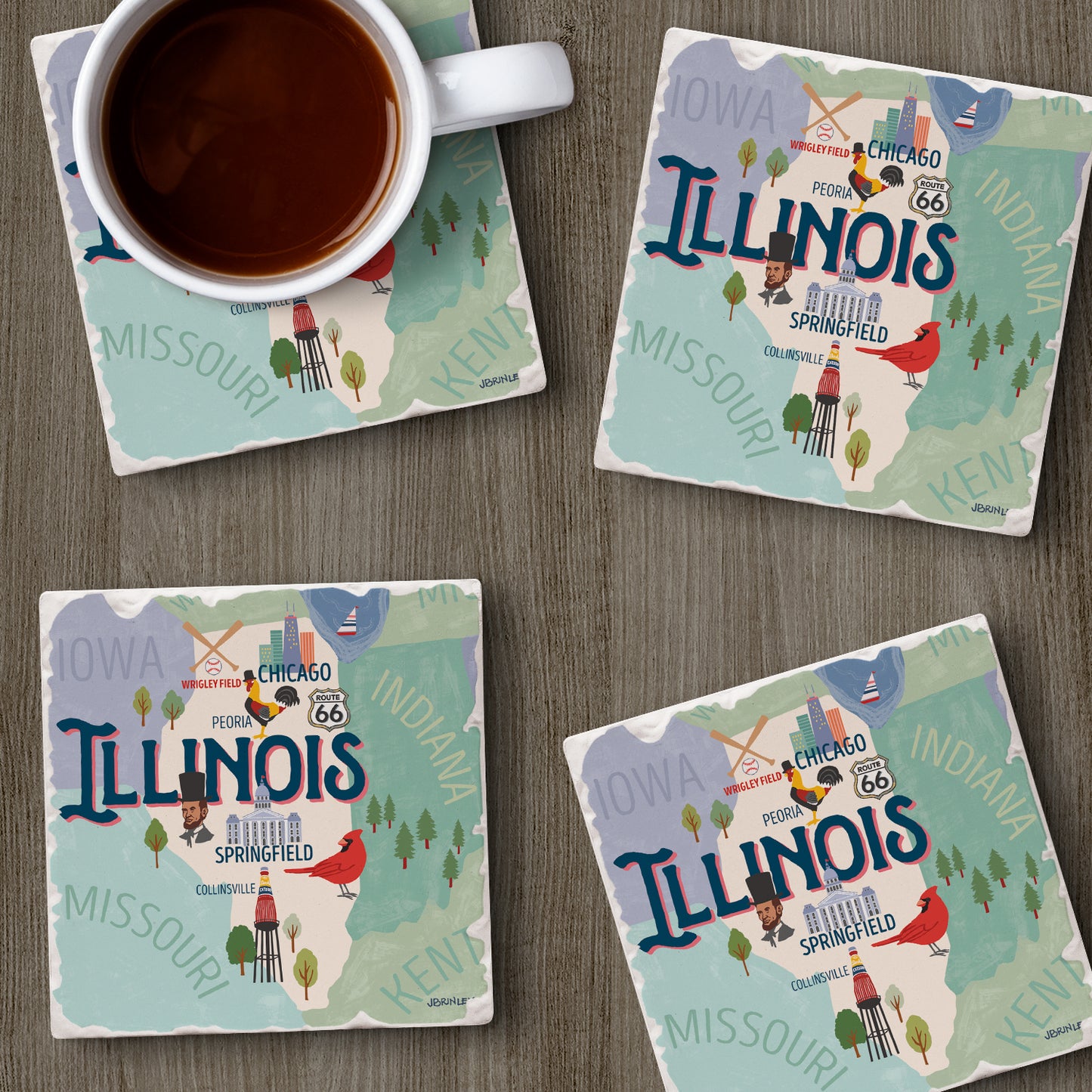 Thirstystone Illinois Attractions 4 Pack Tumbled Tile Stone Coasters 4” Square Manufactured in the USA