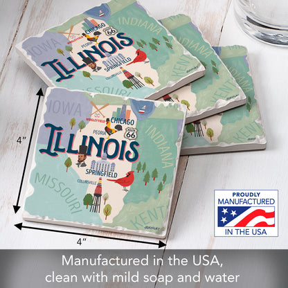Thirstystone Illinois Attractions 4 Pack Tumbled Tile Stone Coasters 4” Square Manufactured in the USA