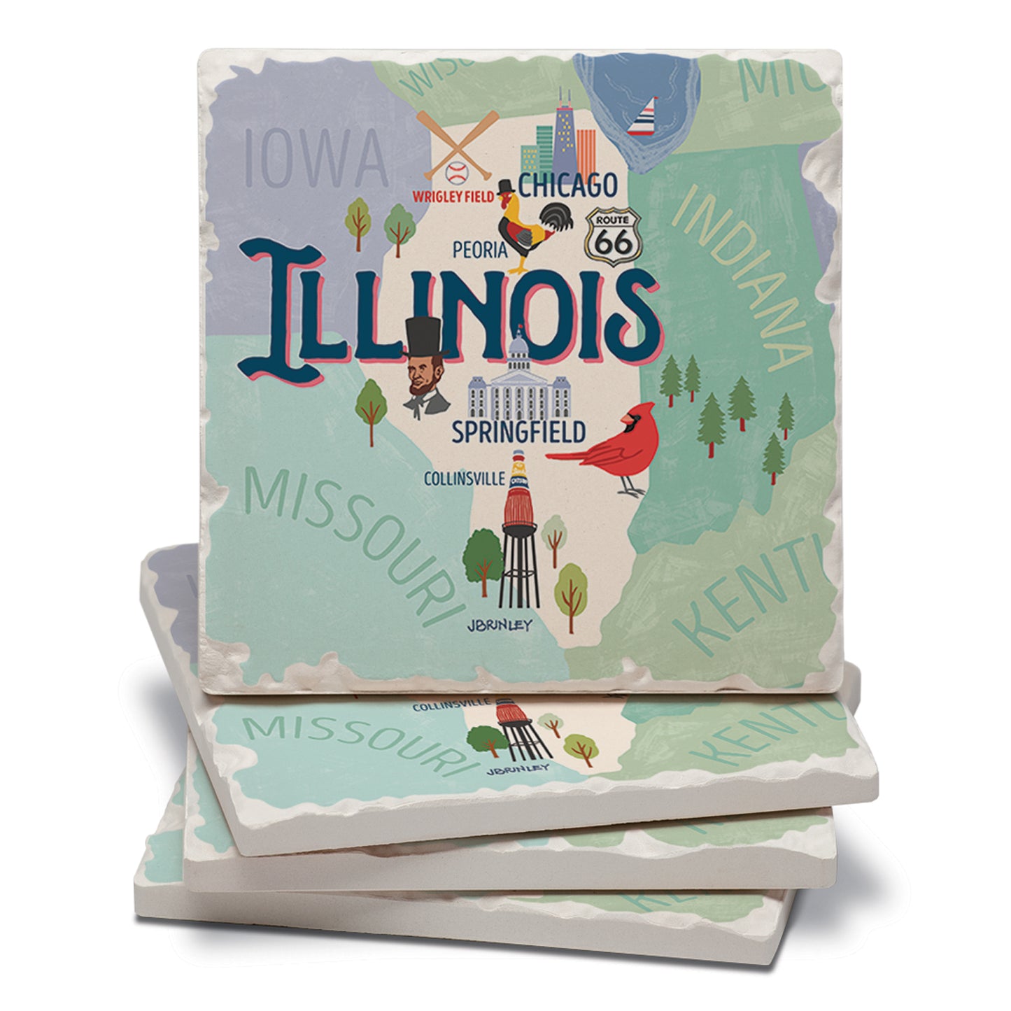 Thirstystone Illinois Attractions 4 Pack Tumbled Tile Stone Coasters 4” Square Manufactured in the USA