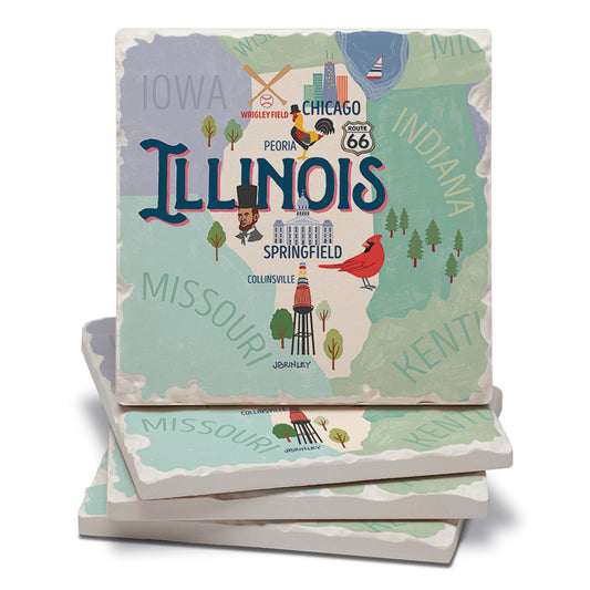 Thirstystone Illinois Attractions 4 Pack Tumbled Tile Stone Coasters 4” Square Manufactured in the USA