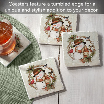 Thirstystone Winter Forest Snowman 4 Pack Tumbled Tile Stone Coasters 4" Square Manufactured in the USA