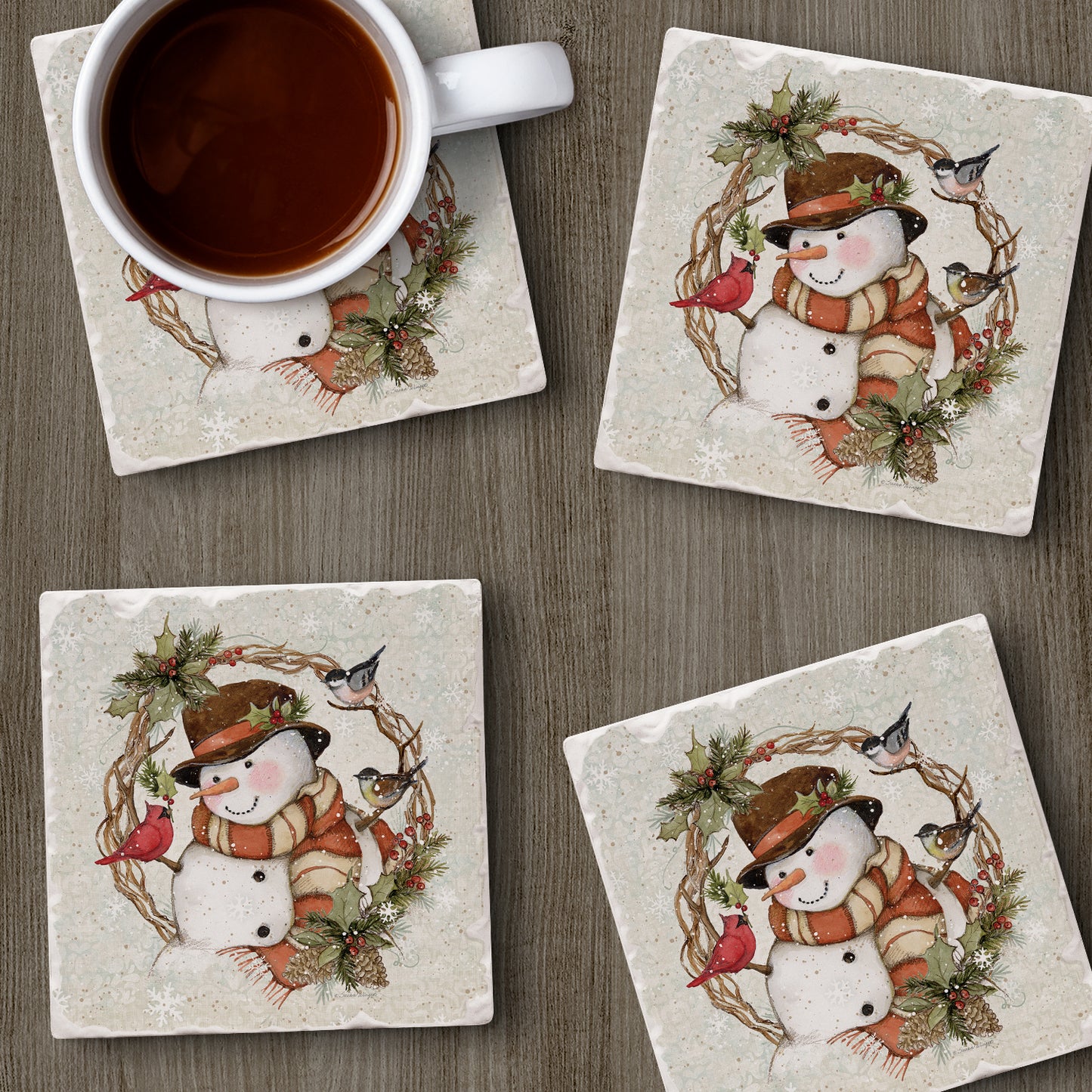 Thirstystone Winter Forest Snowman 4 Pack Tumbled Tile Stone Coasters 4" Square Manufactured in the USA