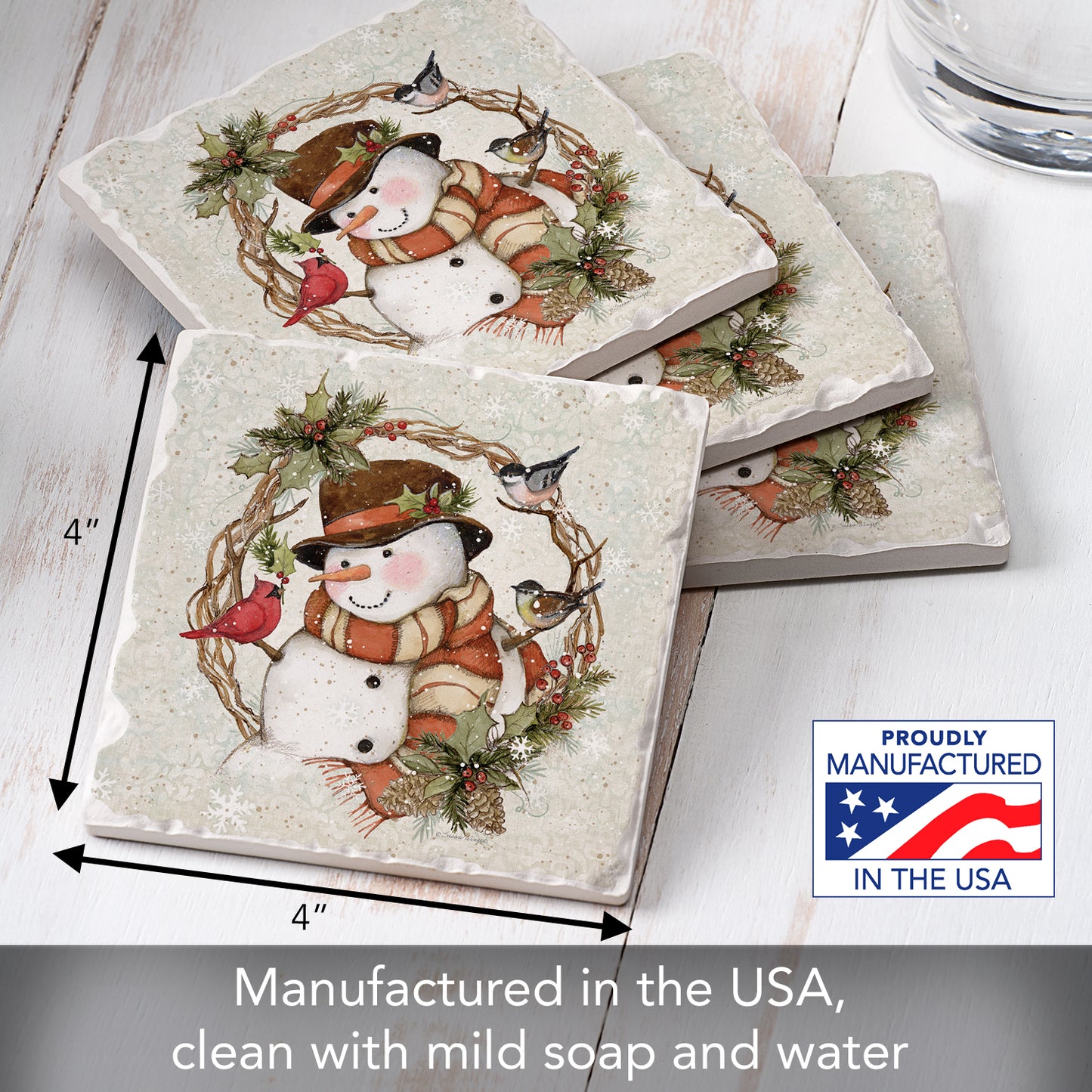 Thirstystone Winter Forest Snowman 4 Pack Tumbled Tile Stone Coasters 4" Square Manufactured in the USA