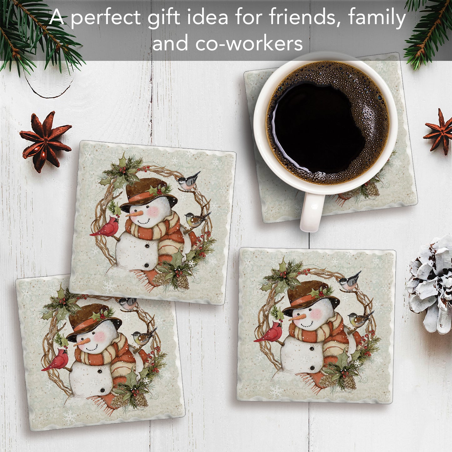 Thirstystone Winter Forest Snowman 4 Pack Tumbled Tile Stone Coasters 4" Square Manufactured in the USA