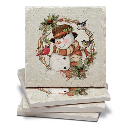 Thirstystone Winter Forest Snowman 4 Pack Tumbled Tile Stone Coasters 4" Square Manufactured in the USA