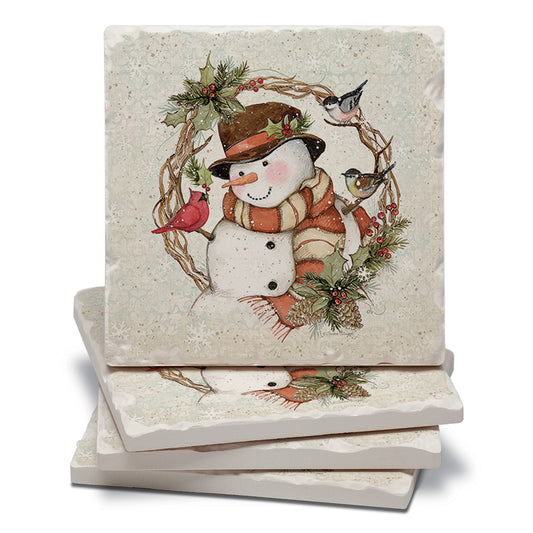 Thirstystone Winter Forest Snowman 4 Pack Tumbled Tile Stone Coasters 4" Square Manufactured in the USA