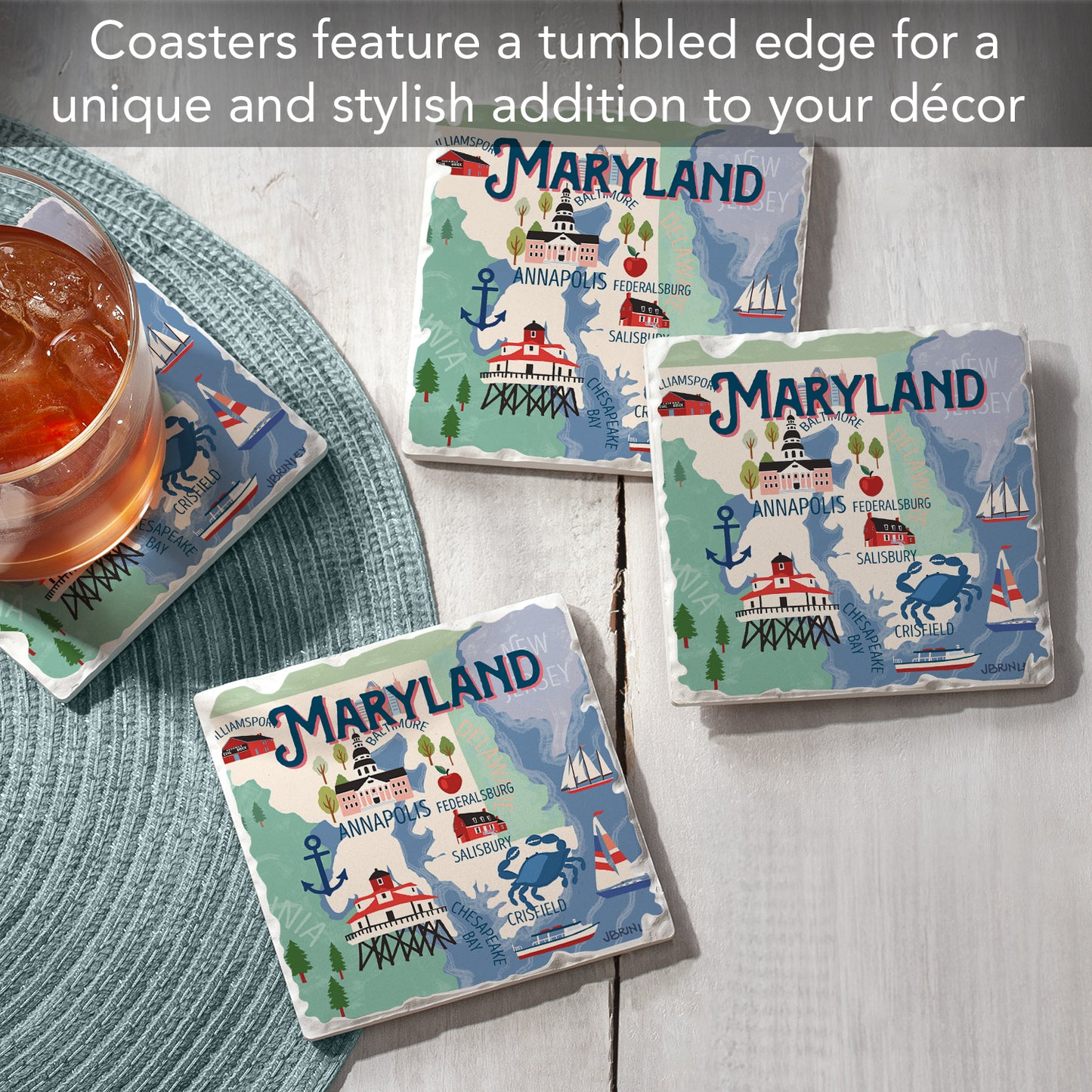 Thirstystone Maryland Attractions 4 Pack Tumbled Tile Stone Coasters 4" Square Manufactured in the USA