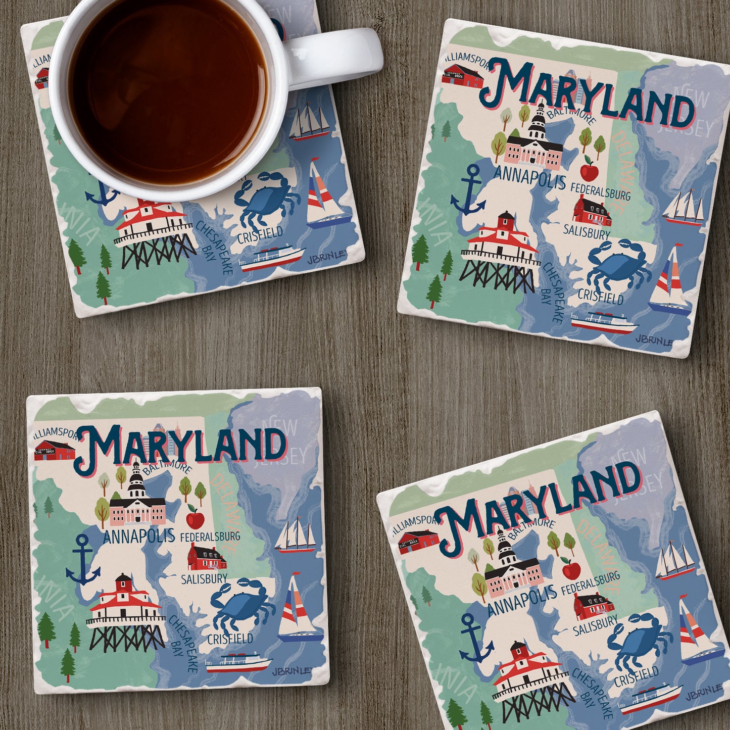 Thirstystone Maryland Attractions 4 Pack Tumbled Tile Stone Coasters 4" Square Manufactured in the USA