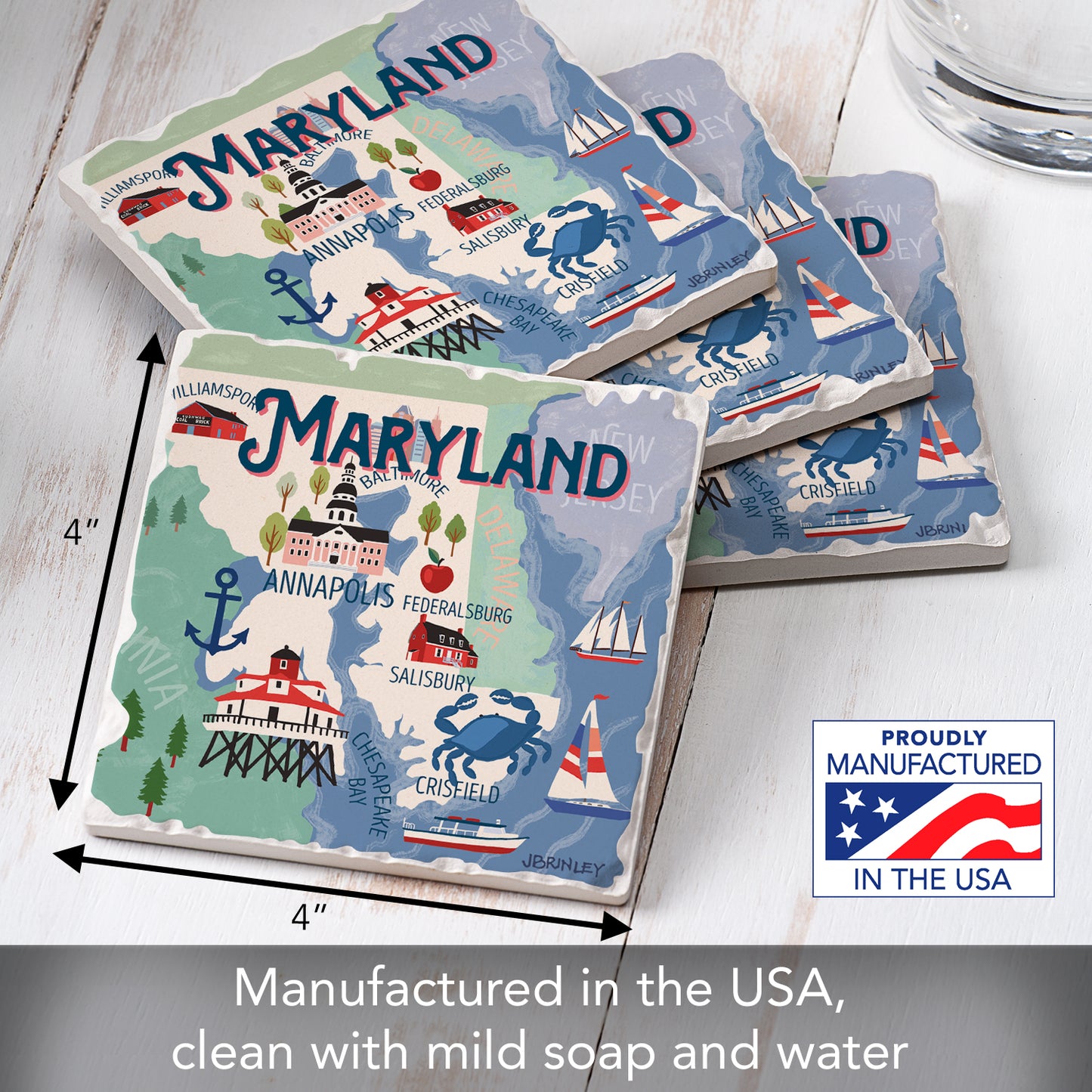 Thirstystone Maryland Attractions 4 Pack Tumbled Tile Stone Coasters 4" Square Manufactured in the USA