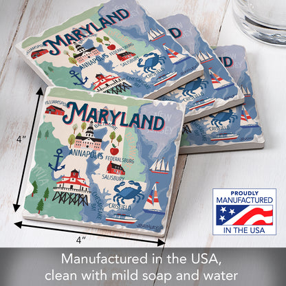 Thirstystone Maryland Attractions 4 Pack Tumbled Tile Stone Coasters 4" Square Manufactured in the USA